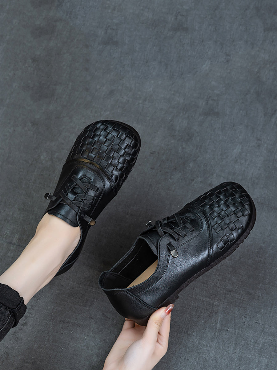 Women Vintage Leather Weave Low Heel Shoes
