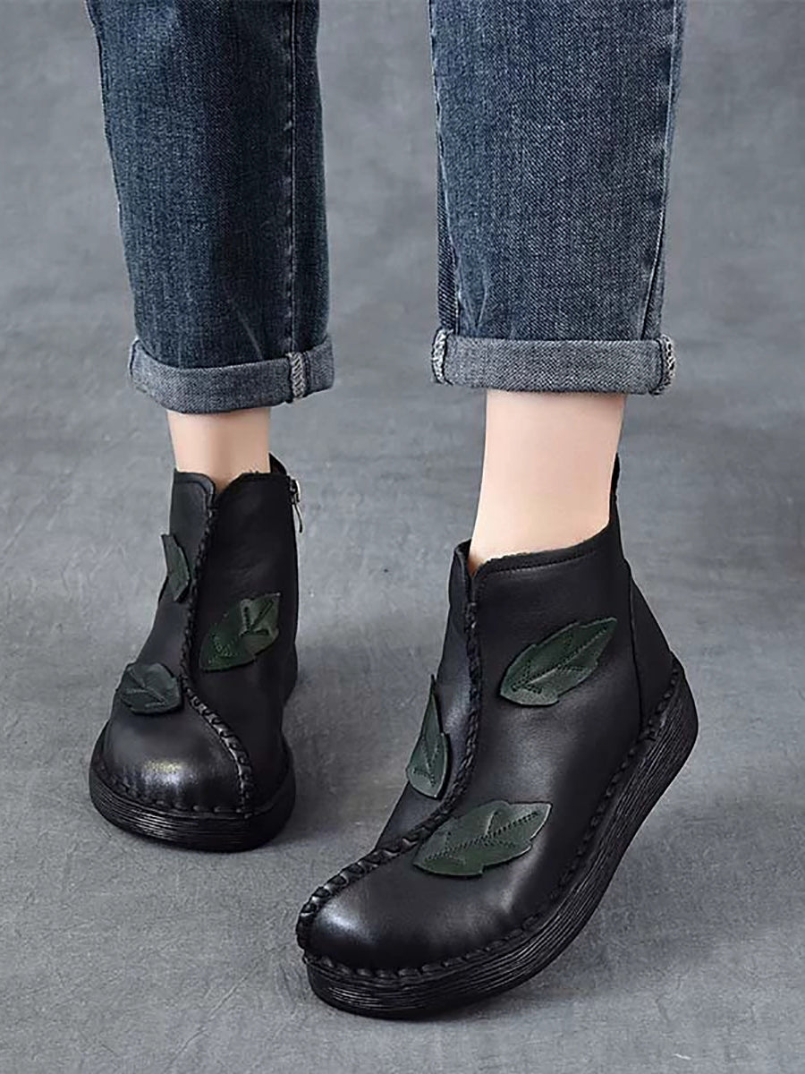 Women Winter Retro Leather Spliced Leather Ankle Boots