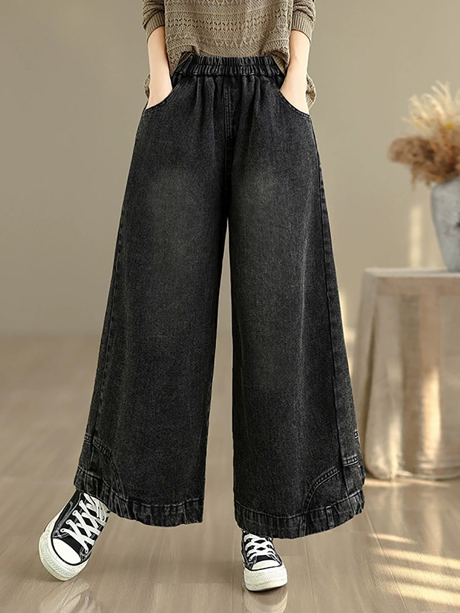 Women Autumn Retro Washed Denim Wide-leg Pants