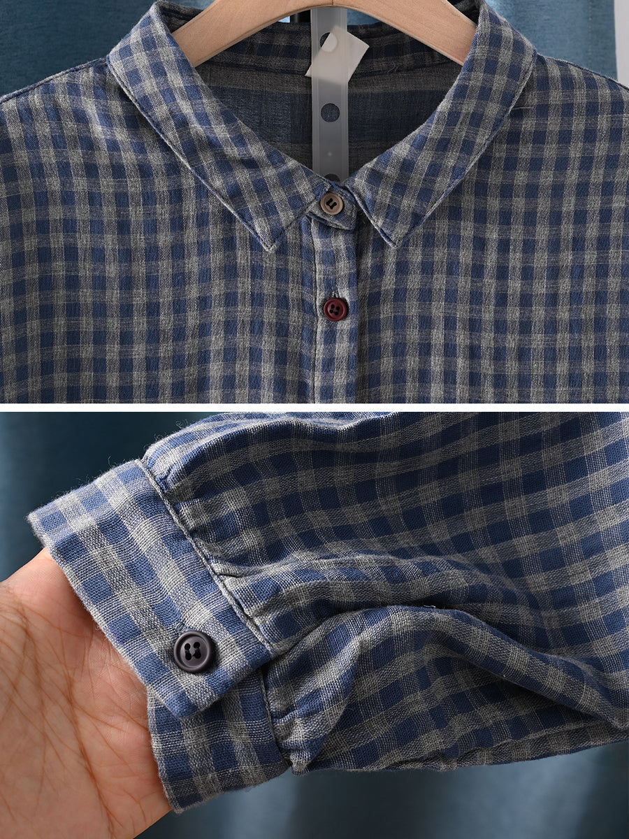 Women Autumn Plaid Turn-down Collar 100%Cotton Shirt