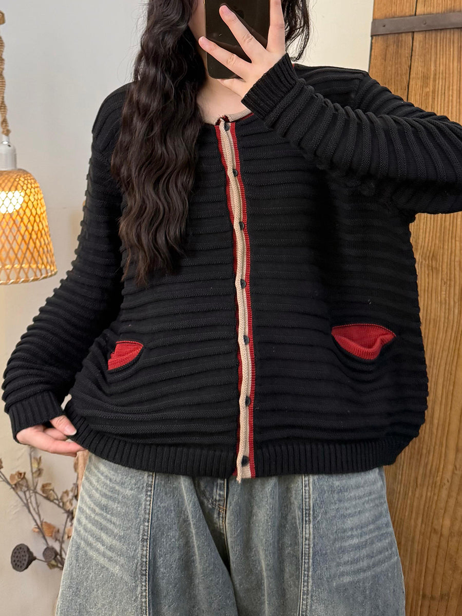 Women Autumn Retro O-Neck Colorblcok Sweater Coat