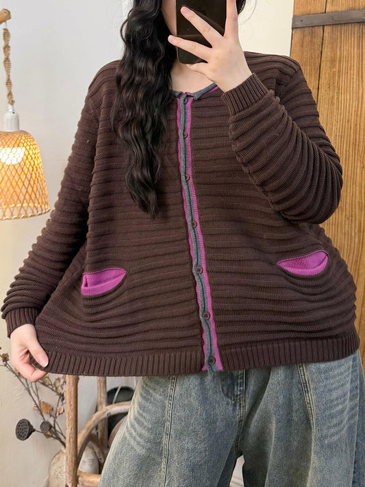 Women Autumn Retro O-Neck Colorblcok Sweater Coat