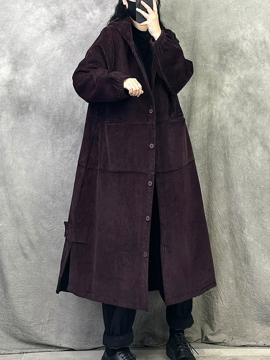Women Autumn Retro Pure Color Corduroy Long Hooded Coat