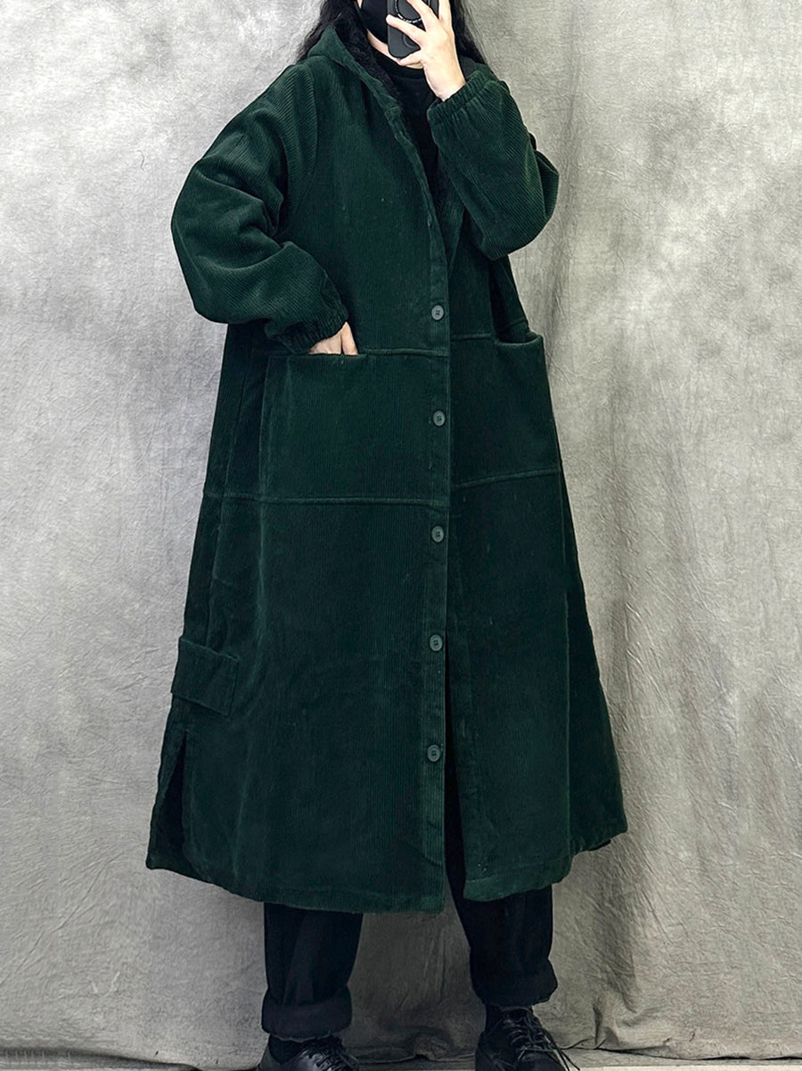 Women Autumn Retro Pure Color Corduroy Long Hooded Coat