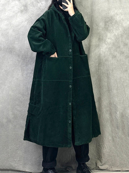Women Autumn Retro Pure Color Corduroy Long Hooded Coat