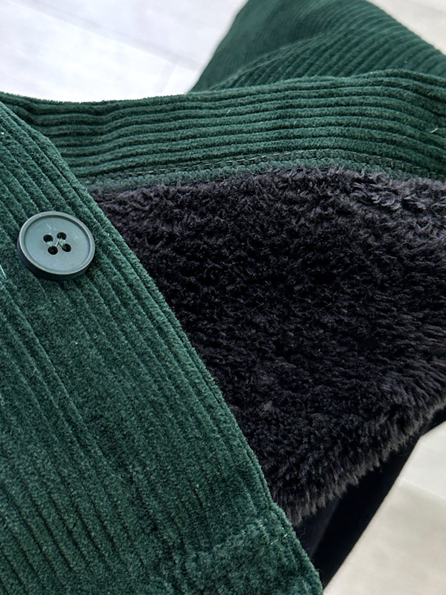 Women Autumn Retro Pure Color Corduroy Long Hooded Coat