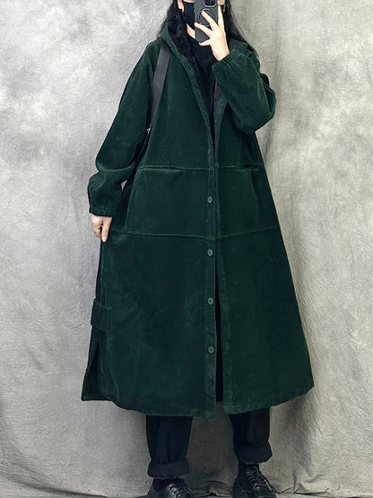Women Autumn Retro Pure Color Corduroy Long Hooded Coat