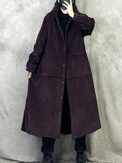 Women Autumn Retro Pure Color Corduroy Long Hooded Coat