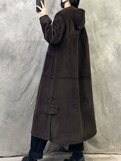 Women Autumn Retro Pure Color Corduroy Long Hooded Coat