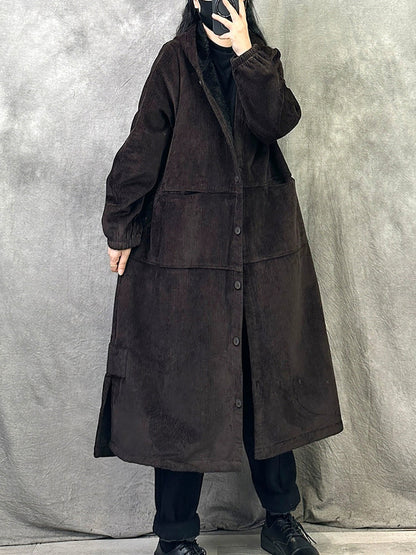 Women Autumn Retro Pure Color Corduroy Long Hooded Coat