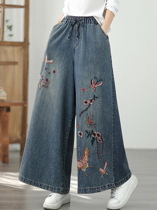 Women Autumn Artsy Embroidery Denim Wide-leg Pants
