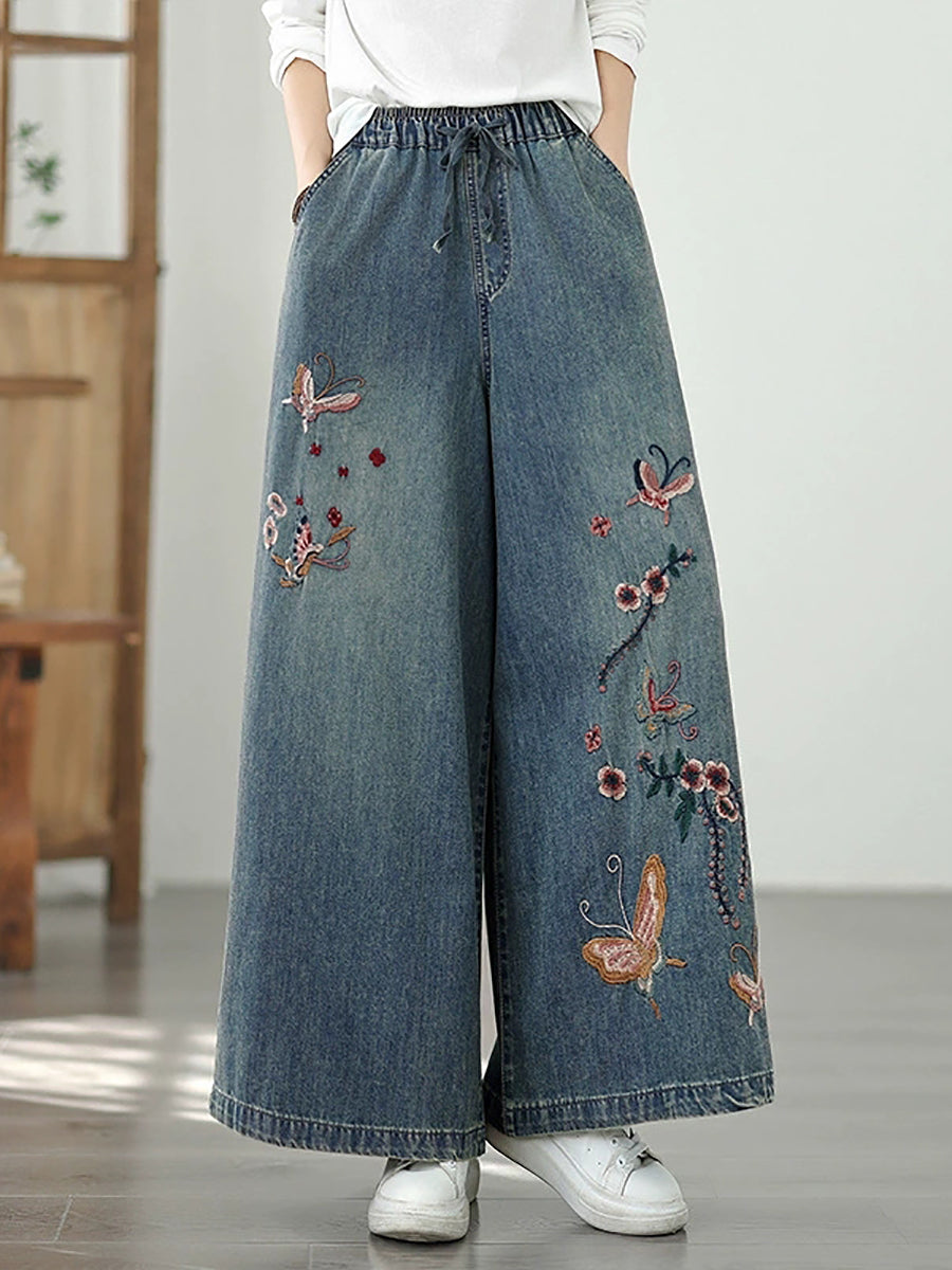 Women Autumn Artsy Embroidery Denim Wide-leg Pants