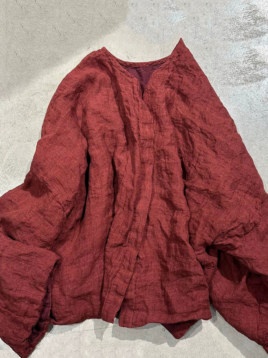 Women Autumn Retro Pure Color Linen O-Neck Jacket