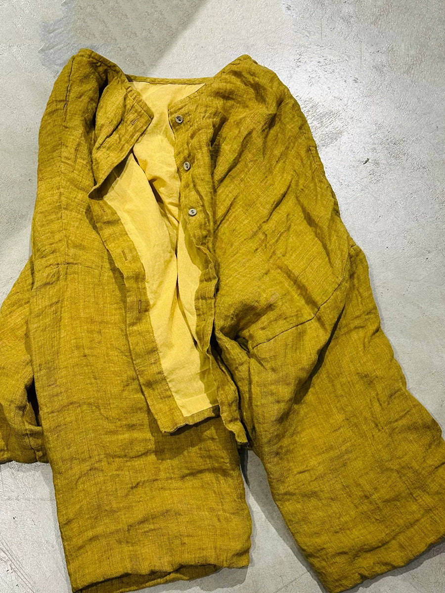 Women Autumn Retro Pure Color Linen O-Neck Jacket