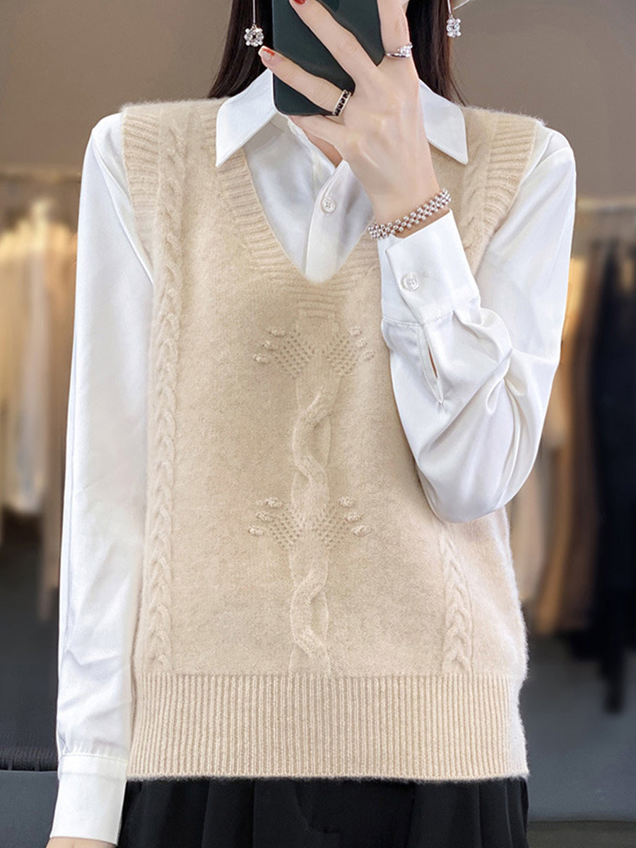 Women Autumn Casual Pure Color V-Neck Knitted Vest