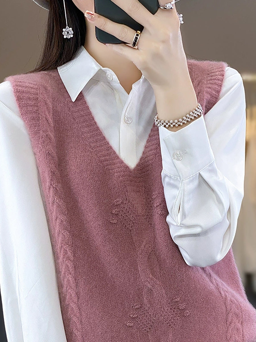 Women Autumn Casual Pure Color V-Neck Knitted Vest
