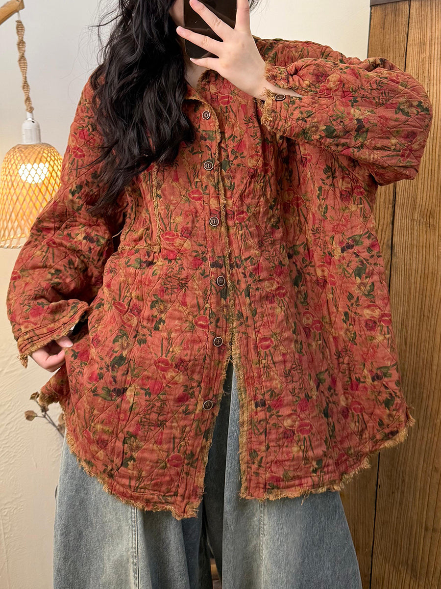 Women Vintage Autumn Floral Turn-down Collar Cotton Jacket