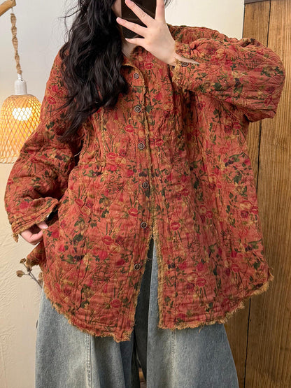 Women Vintage Autumn Floral Turn-down Collar Cotton Jacket