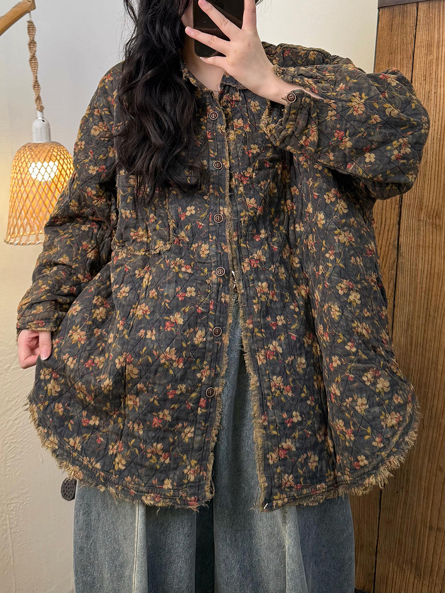 Women Vintage Autumn Floral Turn-down Collar Cotton Jacket