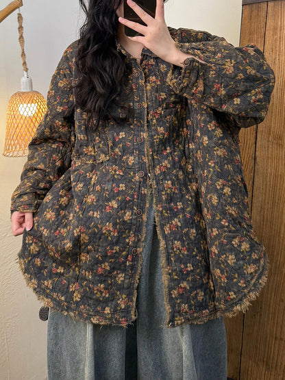 Women Vintage Autumn Floral Turn-down Collar Cotton Jacket