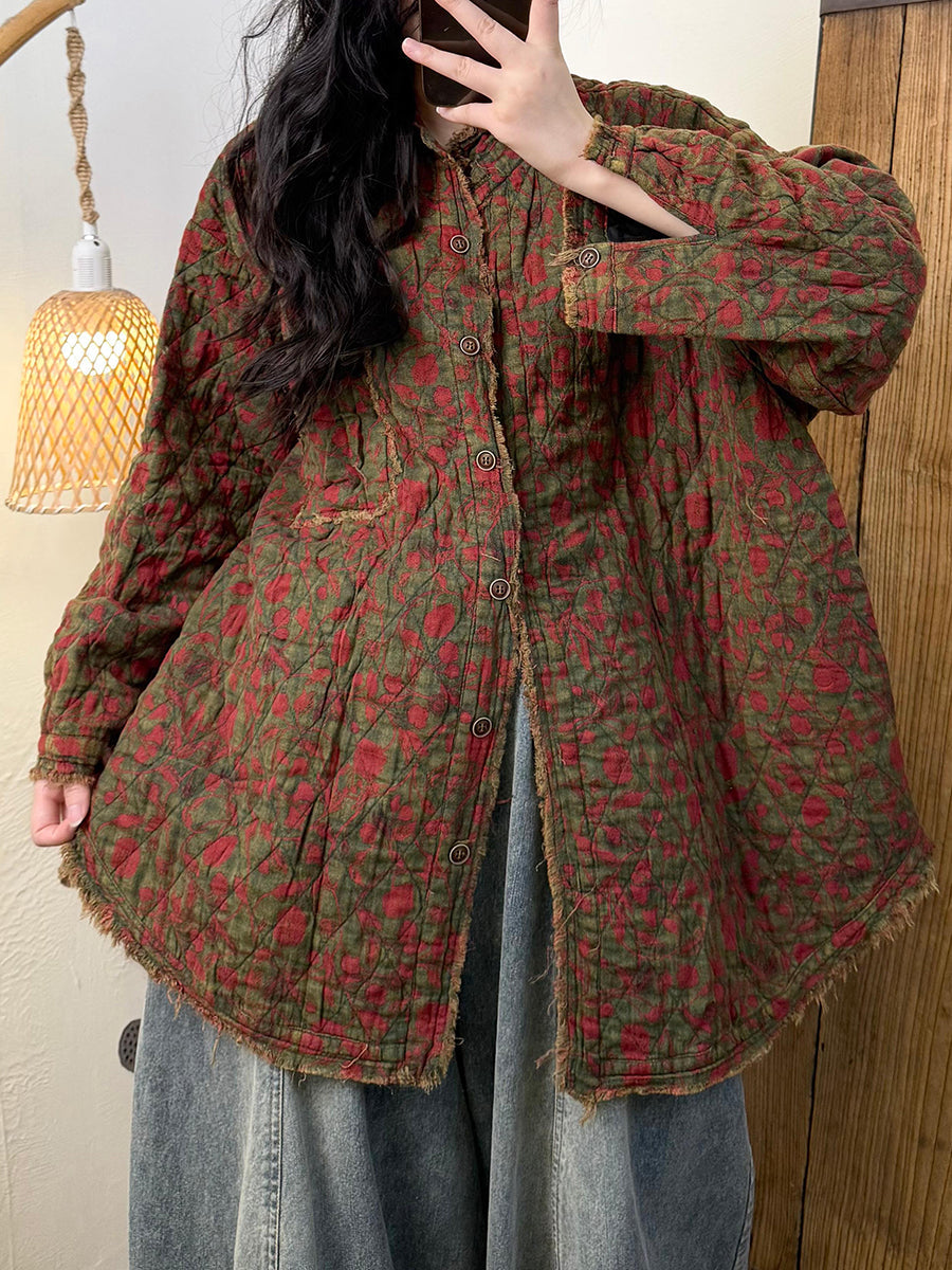 Women Vintage Autumn Floral Turn-down Collar Cotton Jacket
