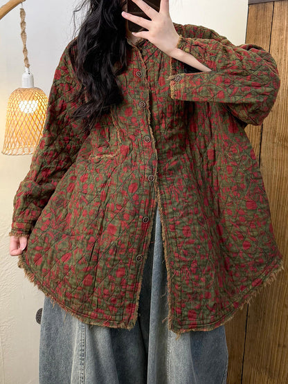 Women Vintage Autumn Floral Turn-down Collar Cotton Jacket