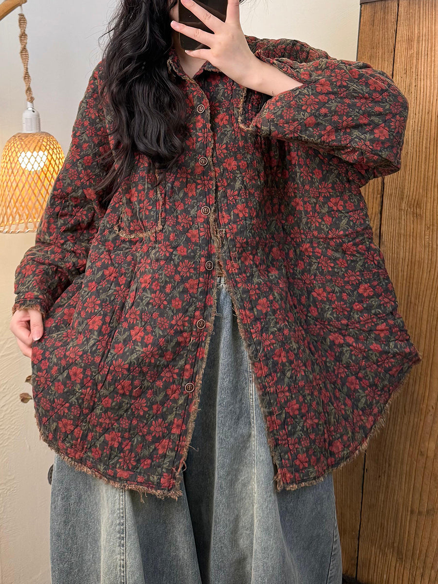 Women Vintage Autumn Floral Turn-down Collar Cotton Jacket