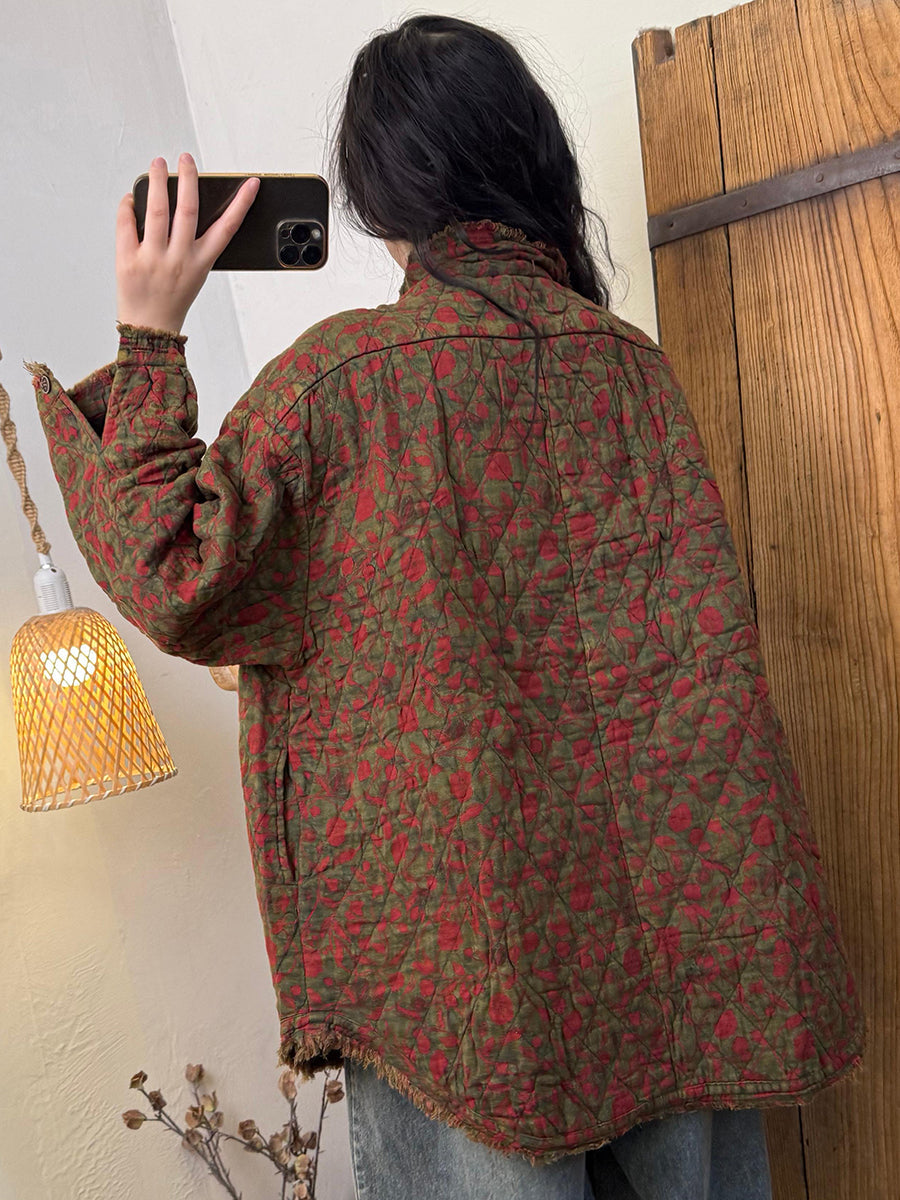 Women Vintage Autumn Floral Turn-down Collar Cotton Jacket