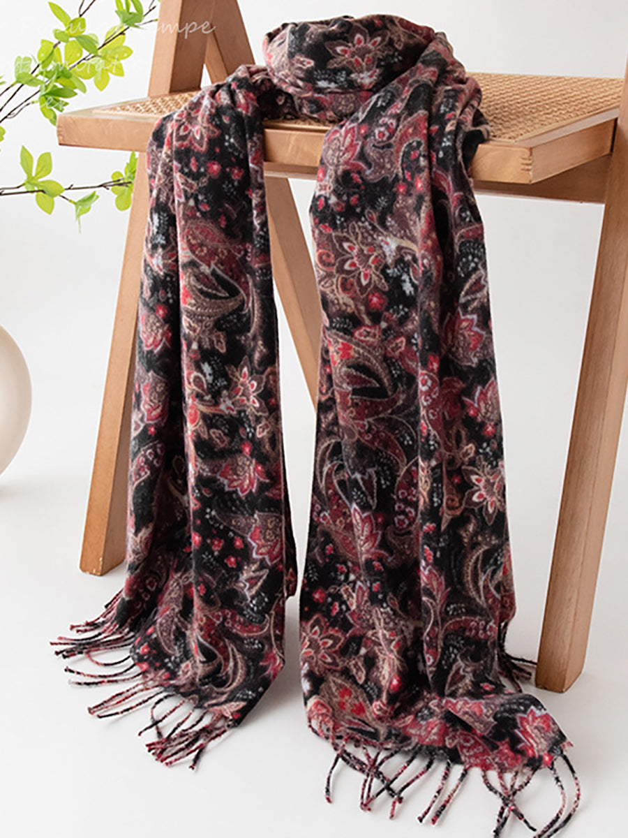 Women Vintage Flower Tassel Shawl Scarf