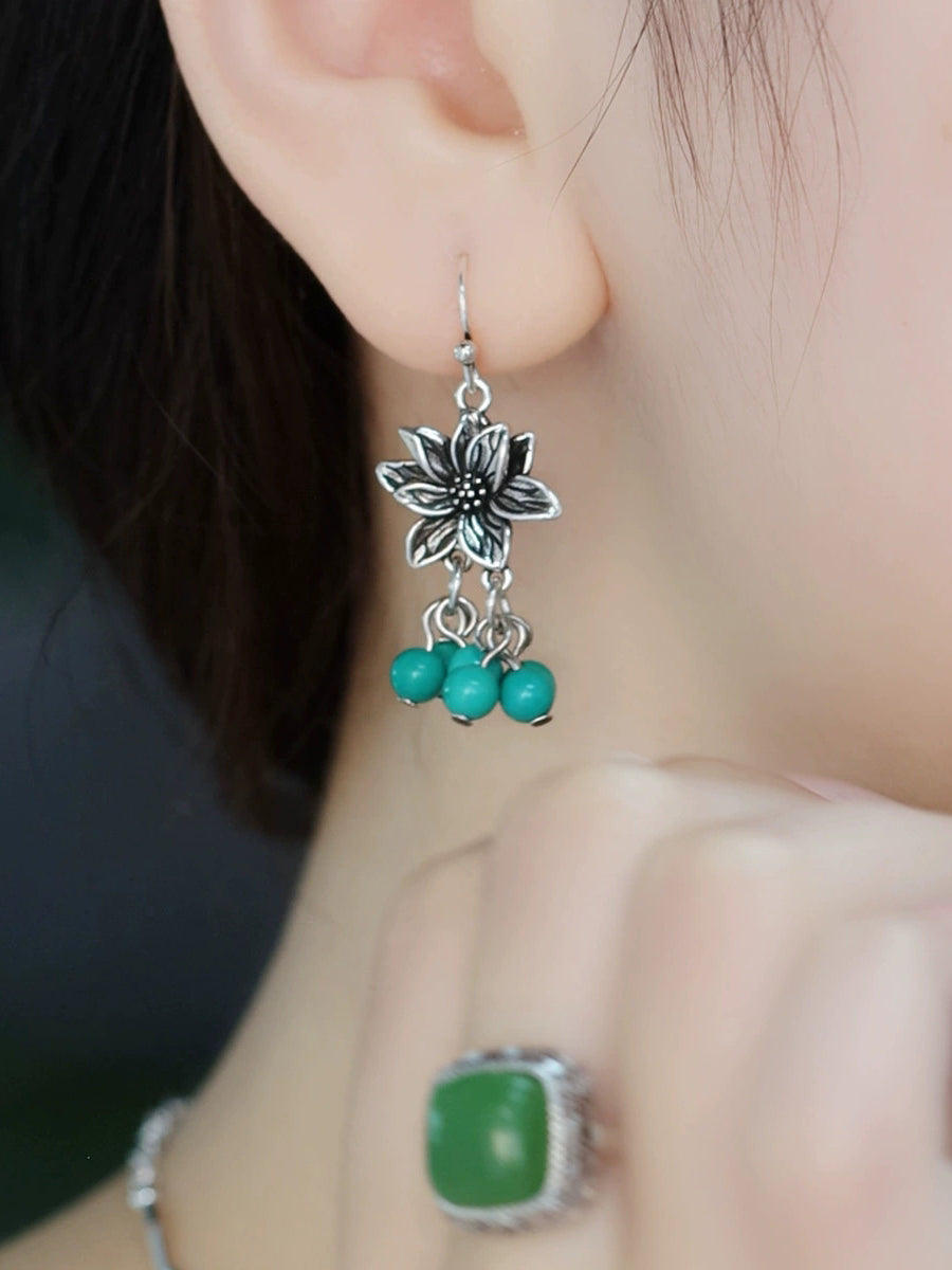 Women Ethnic Alloy Lotus Turquoise Beads Tassel Earrings