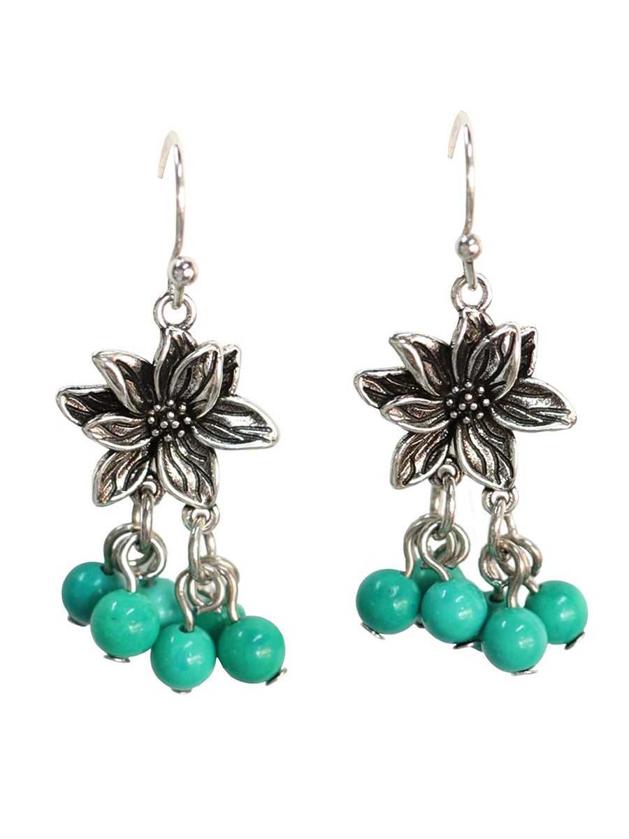 Women Ethnic Alloy Lotus Turquoise Beads Tassel Earrings
