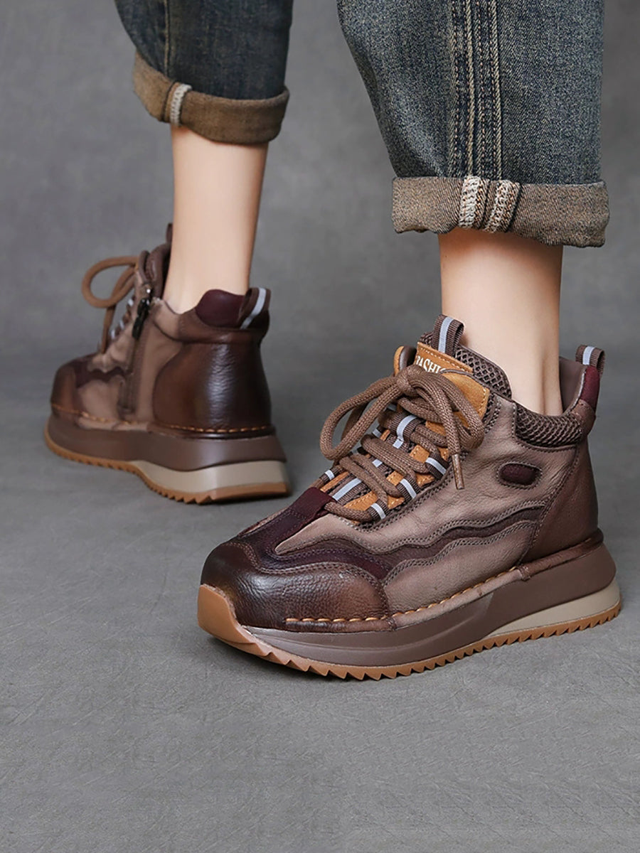 Women Vintage Genuine Leather Spliced Platform Shoes