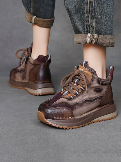 Women Vintage Genuine Leather Spliced Platform Shoes
