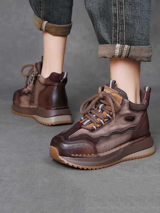 Women Vintage Genuine Leather Spliced Platform Shoes