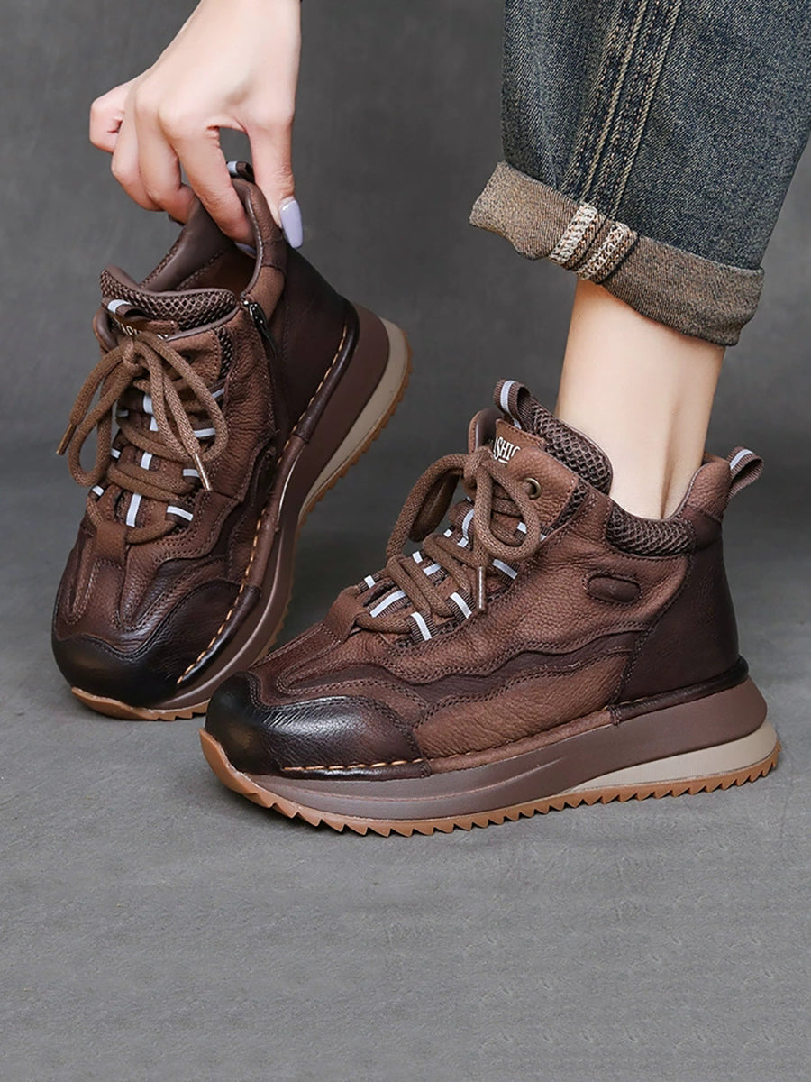 Women Vintage Genuine Leather Spliced Platform Shoes