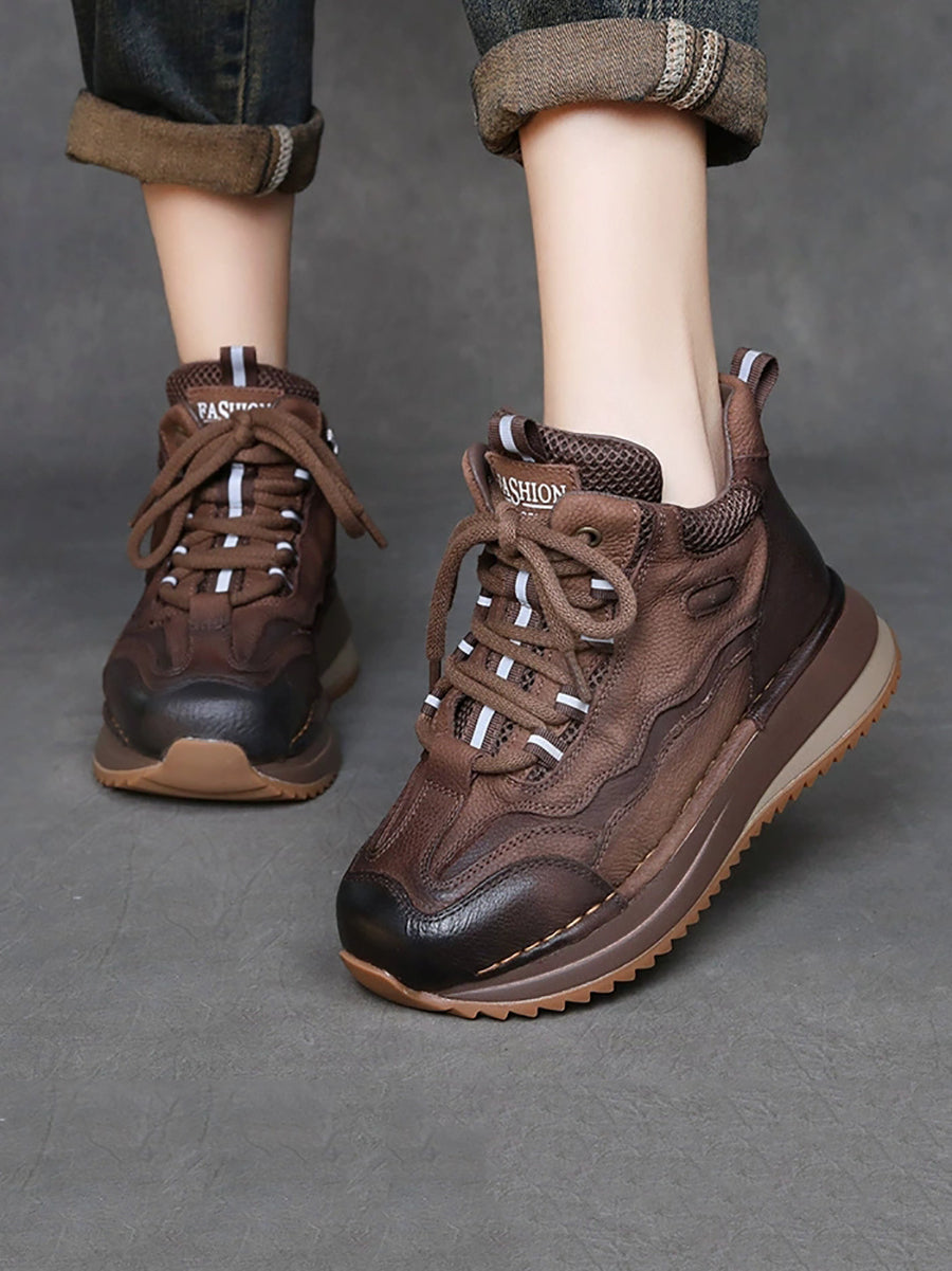 Women Vintage Genuine Leather Spliced Platform Shoes