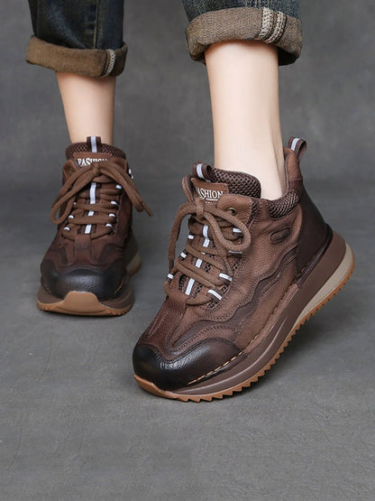 Women Vintage Genuine Leather Spliced Platform Shoes