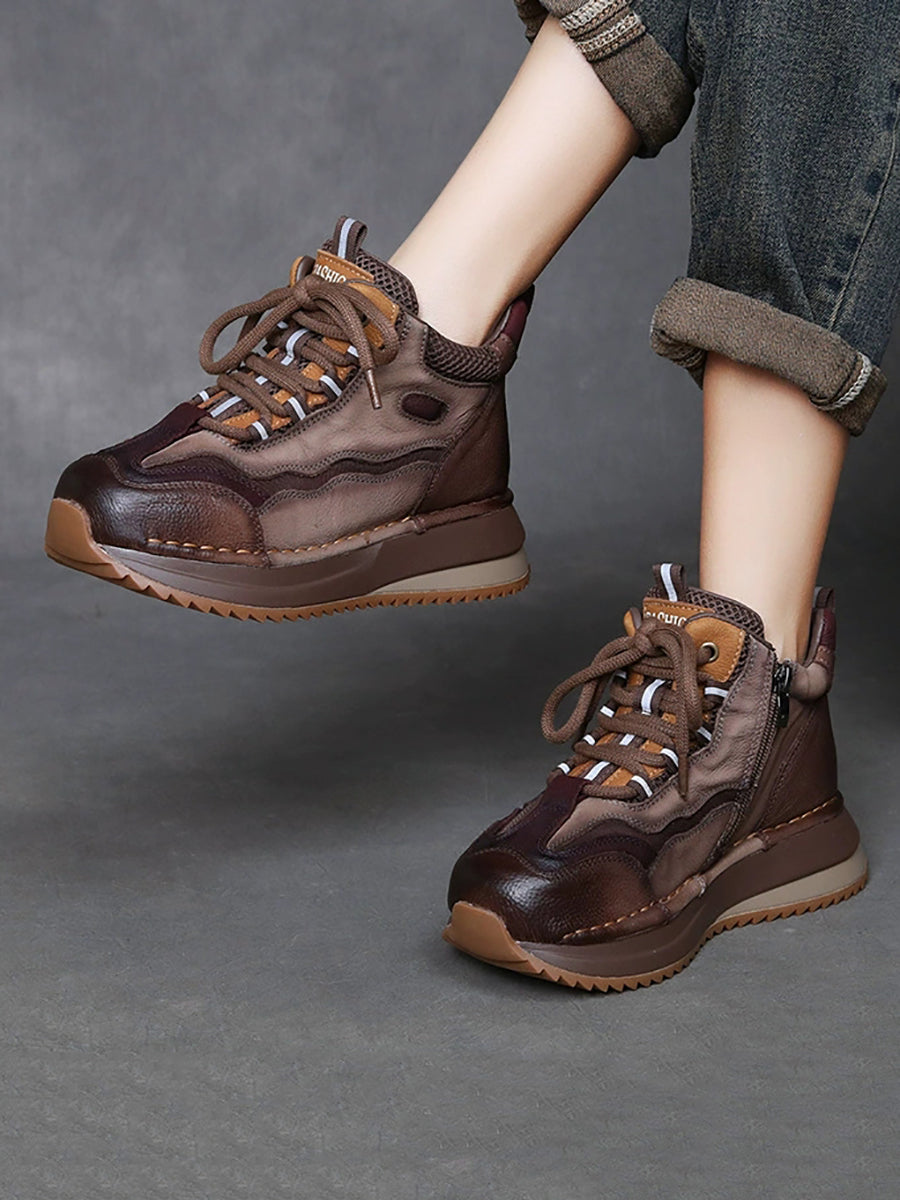 Women Vintage Genuine Leather Spliced Platform Shoes