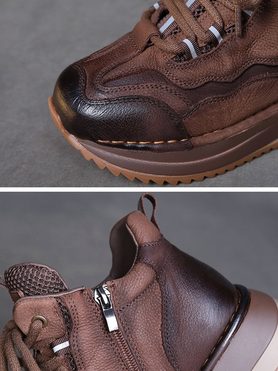 Women Vintage Genuine Leather Spliced Platform Shoes