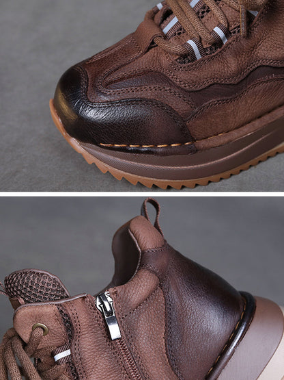 Women Vintage Genuine Leather Spliced Platform Shoes