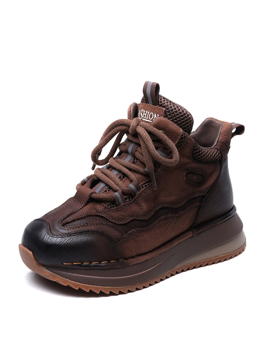 Women Vintage Genuine Leather Spliced Platform Shoes