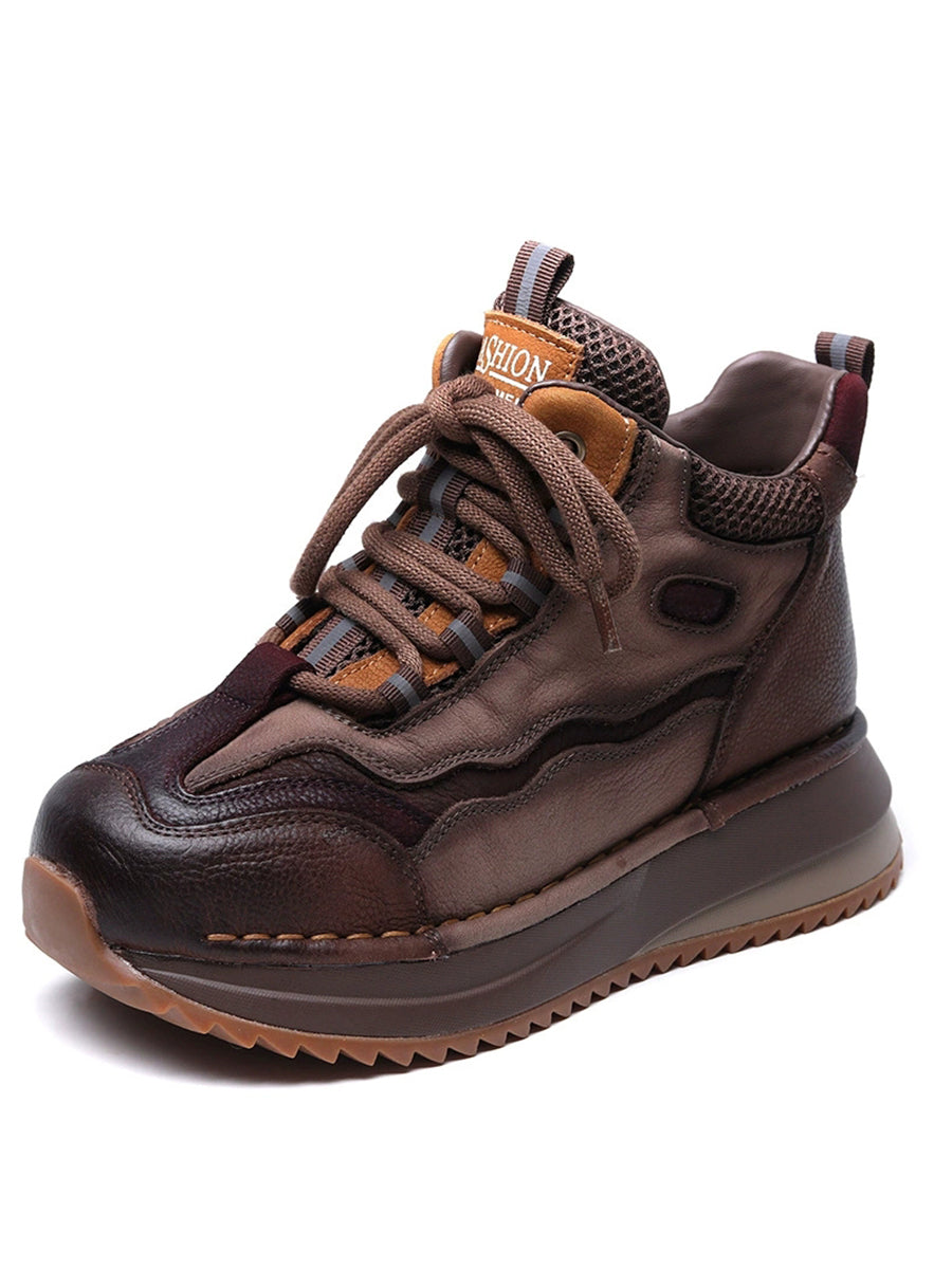 Women Vintage Genuine Leather Spliced Platform Shoes