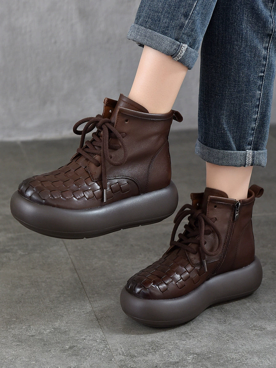 Women Vintage Leather Spliced Platform Ankle Boots