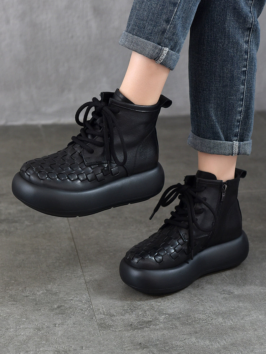 Women Vintage Leather Spliced Platform Ankle Boots