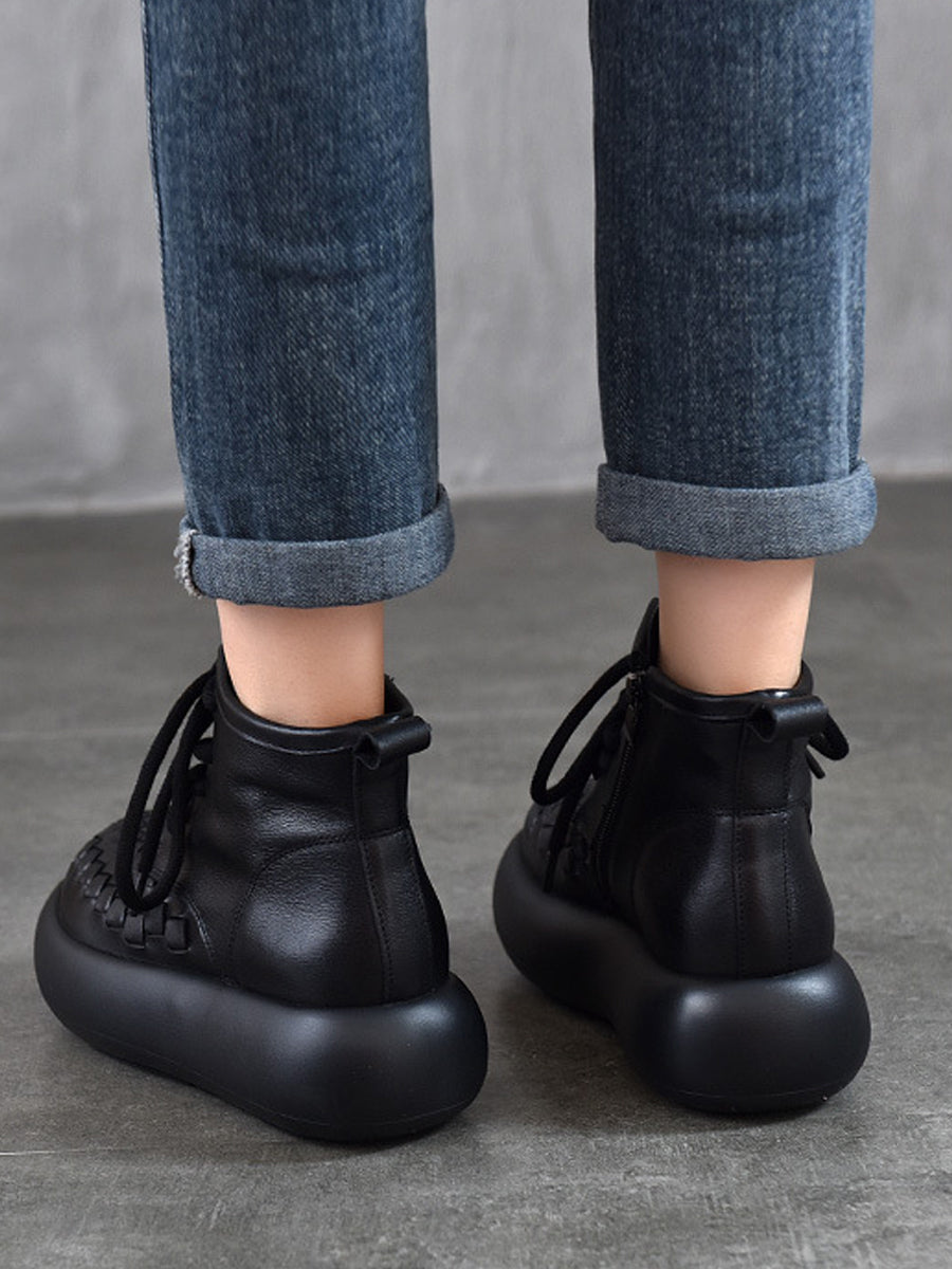Women Vintage Leather Spliced Platform Ankle Boots