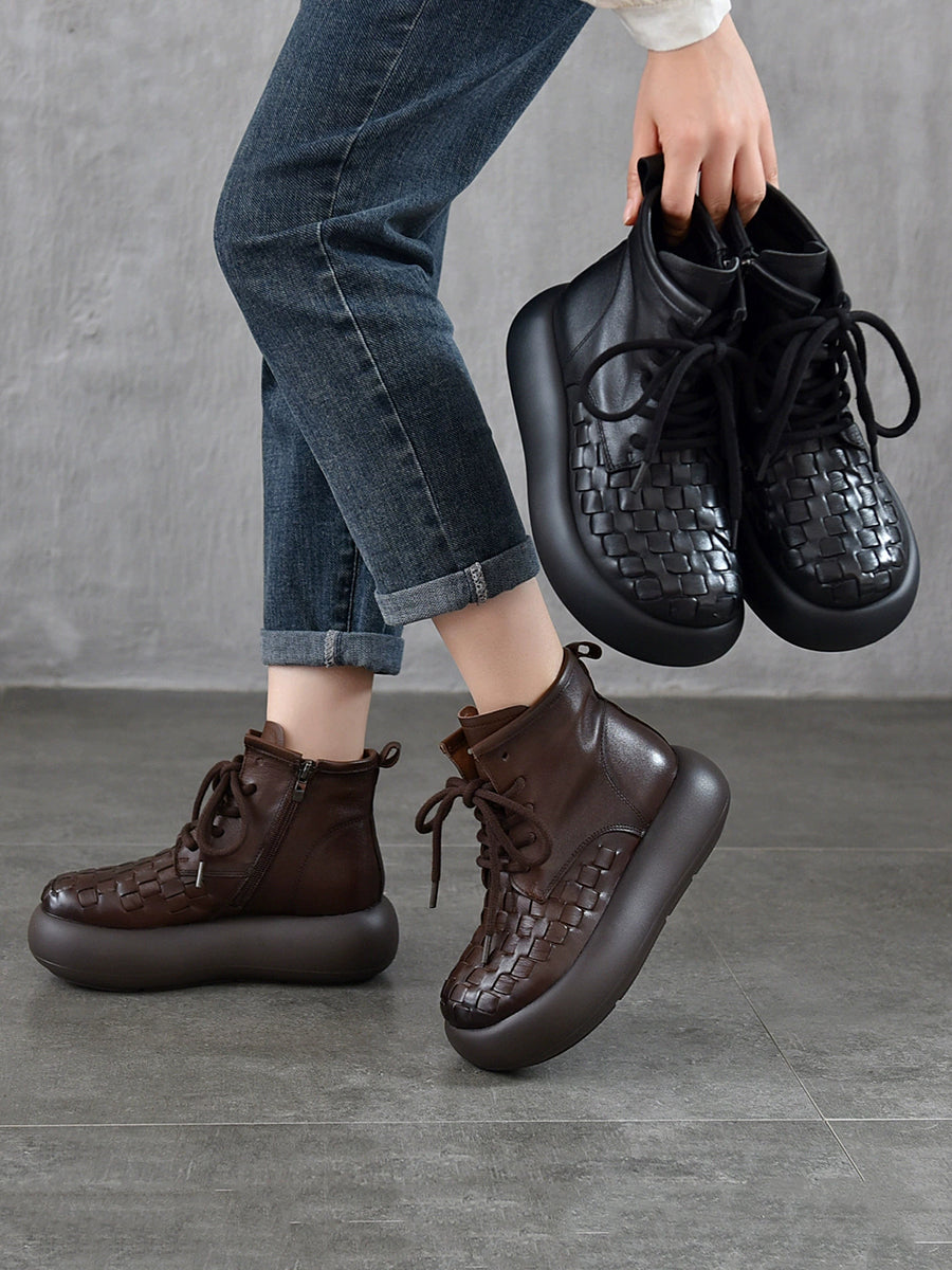 Women Vintage Leather Spliced Platform Ankle Boots