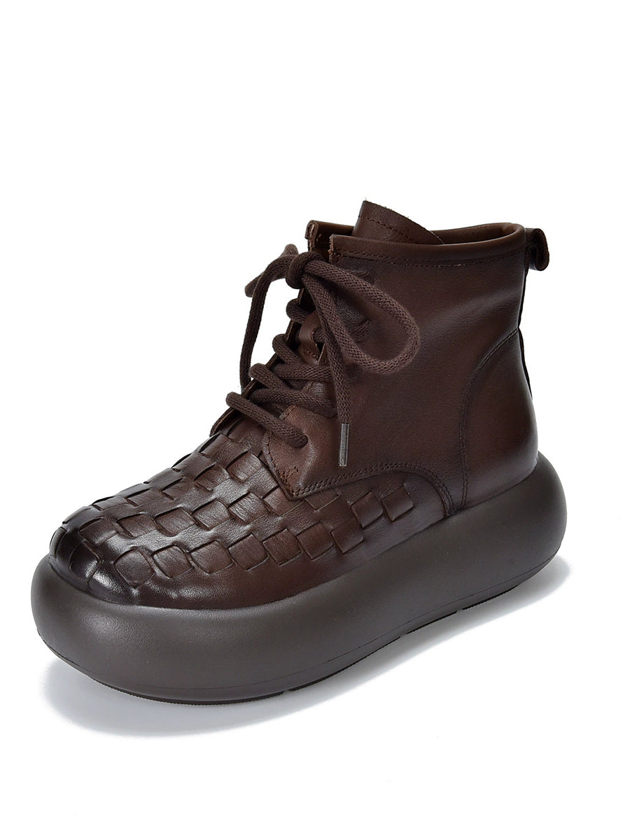 Women Vintage Leather Spliced Platform Ankle Boots