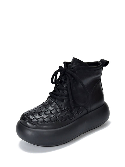 Women Vintage Leather Spliced Platform Ankle Boots