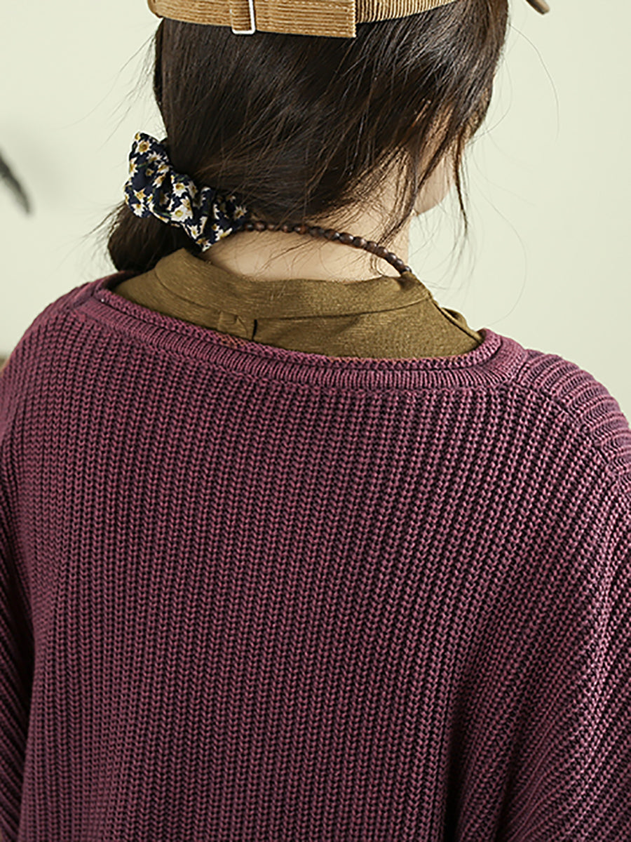 Women Autumn Casual Pure Color O-Neck Knitted Sweater