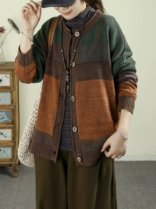 Women Autumn Vintage Colorblock O-Neck Knitted Sweater